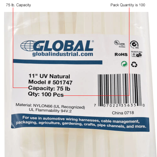 Global Industrial&#8482;  11"Cable Ties, Natural w/UV, 75 lb, 100 pack