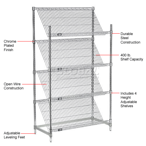 Nexel® Chrome, 4 Tier, Slant Wire Shelving, Starter Unit, 48"W x 18"D x
