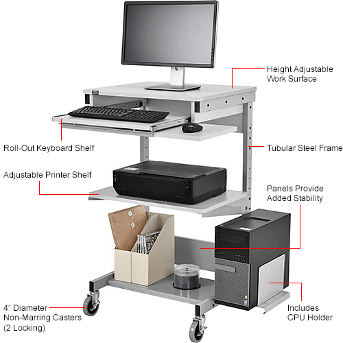 Mobile Computer Workstation with Printer Shelf and CPU Holder, Gray
																			