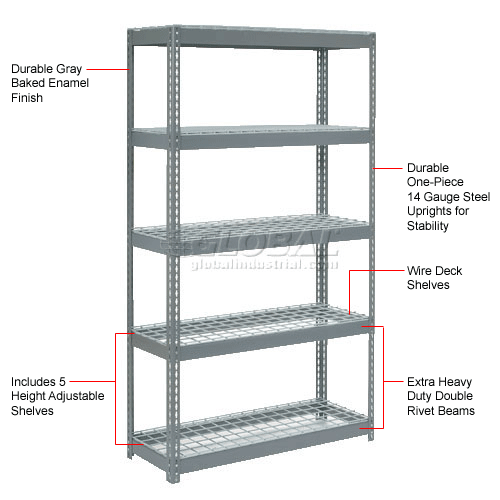 Extra Heavy Duty Steel Boltless Shelving - 5 Shelves with Wire Deck