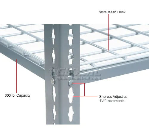 A close-up of the shelving unit's wire mesh deck and shelf adjustment mechanism.