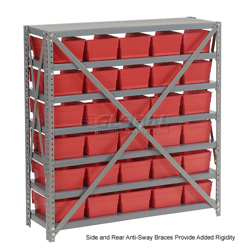 Global Industrial™ Steel Shelving with 30 4"H Plastic Shelf Bins Red