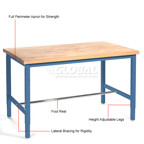 Global Industrial&#153; 60 x 30 Adjustable Height Workbench Square Tube Leg - Maple Safety Edge Blue