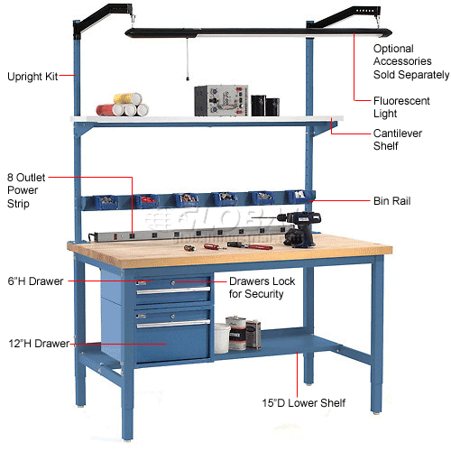 Global Industrial&#153; 96 x 30 Adjustable Height Workbench Square Tube Leg - Birch Square Edge Blue