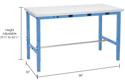 Global Industrial™ 96 x 30 Adjustable Height Workbench - Power Apron, ESD Square Edge Blue
																			
