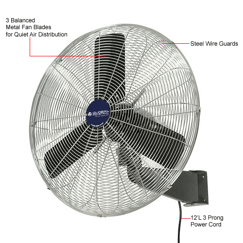 Global Industrial™ 24" Oscillating Wall Mount Fan, 3 Speed, 7525 CFM, 1/4 HP, 1 Phase