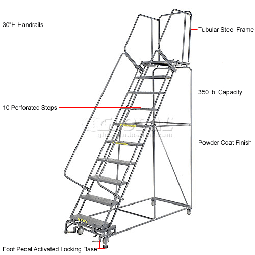 Ballymore Steel Perforated 10-Step Rolling Ladder, Gray, 32