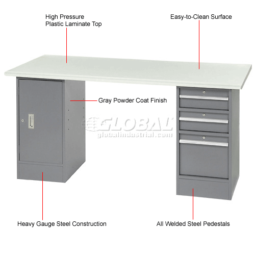 Plastic Safety Edge Top Pedestal Workbench w/3 Drawers & Cabinet