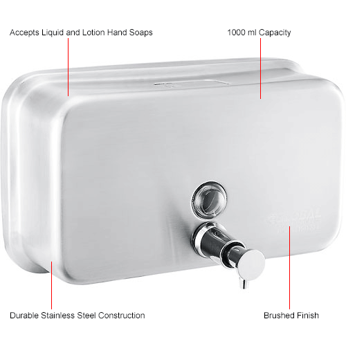  Global® Stainless Steel Horizontal Liquid Soap Dispenser - 1000 ml
																			