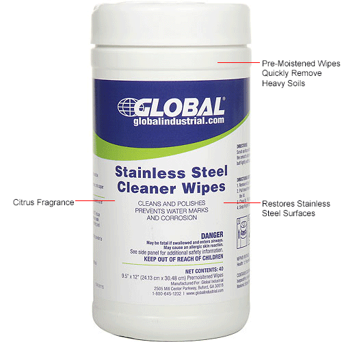 Global Industrial™ Stainless Steel Cleaner Wipes, 40 Wipes/Canister, 6