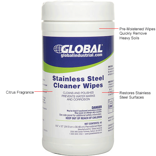 Global™ Stainless Steel Cleaner Wipes, 40 Wipes/Canister, 6 Canisters/Case
																			