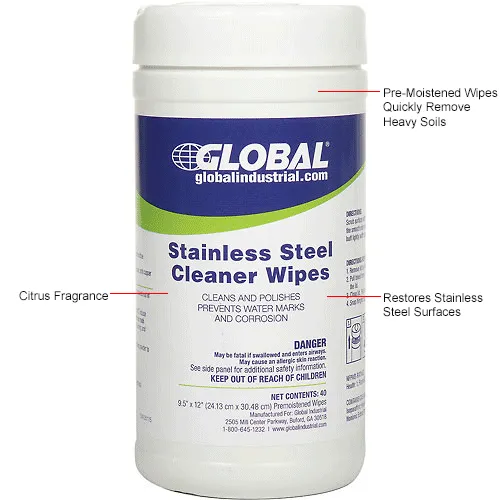 Global Industrial Stainless Steel Cleaner Wipes, 40 Wipes/Canister, 6 Canisters/Case