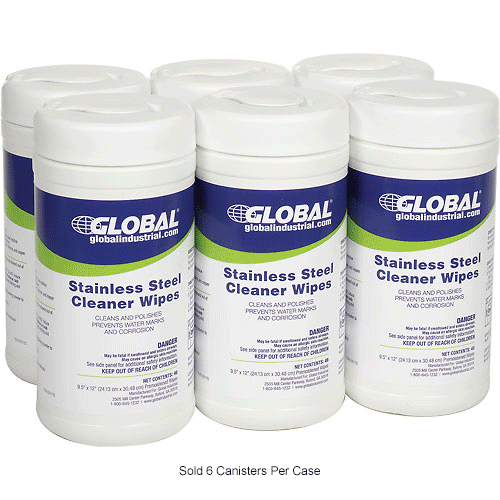 Global™ Stainless Steel Cleaner Wipes, 40 Wipes/Canister, 6 Canisters/Case
																			
