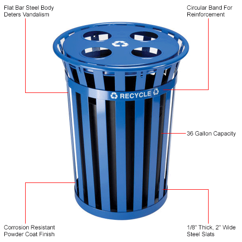 Global Industrial™ Outdoor Steel Recycling Receptacle with Multi-Stream Lid - 36 Gallon Blue