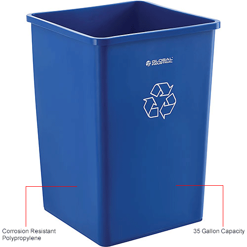 Global Industrial&#153; Square Plastic Recycling Trash Container, Garbage Can - 35 Gallon Blue