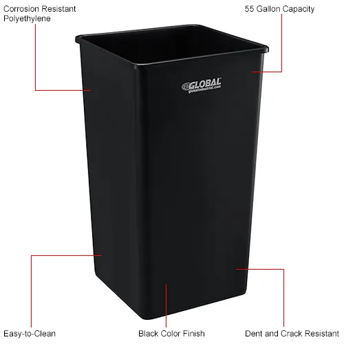 Lavex 50 Gallon Black Square Trash Can