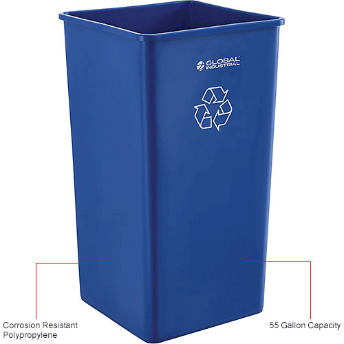 Global Industrial&#153; Square Plastic Recycling Trash Container, Garbage Can - 55 Gallon Blue