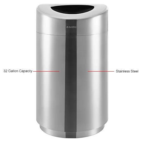 Open Top Round Trash Can, 32 gal, Plastic, Gray Open Top Round Trash Can, 32 gal, Plastic, Gray