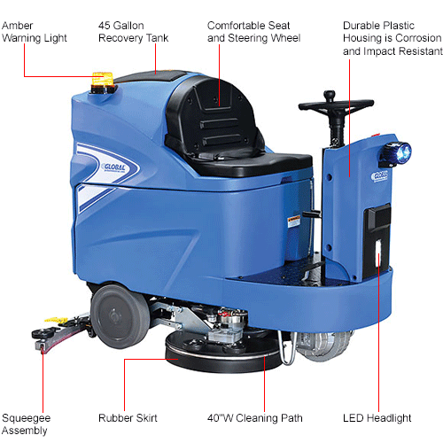 Global Industrial Ride-On Floor Scrubber 40" Cleaning Path