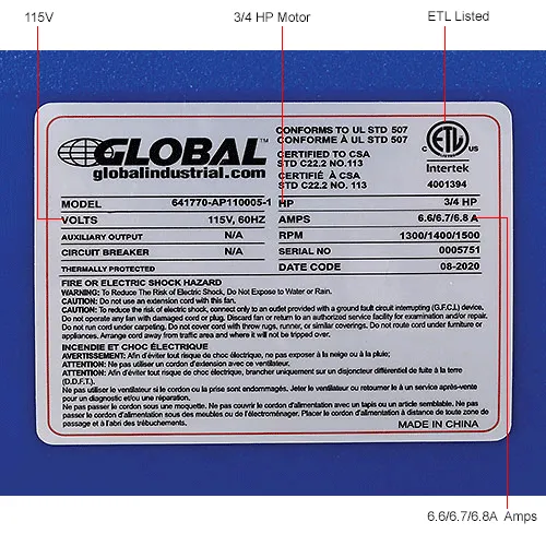 Global Industrial 3/4 HP 3 Speed Floor Dryer, Blower