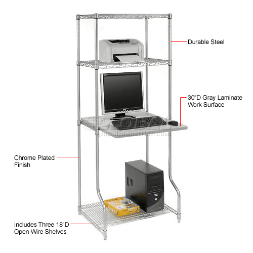 Nexel™ 4Shelf Wire Computer LAN Workstation, 30"W x 30"D x 74"H