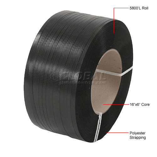 Polyester Strapping 1/2" x .025" x 5,800' Black 16" x 6"Core 652675