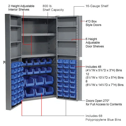 Global Industrial™ Bin Deep Door, 68 BL Bin, Shelves, 16 Ga