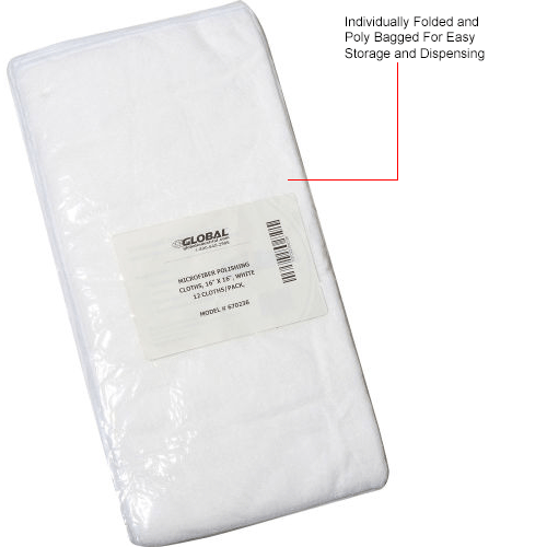 Global Industrial&#153; 300 GSM Microfiber Polishing Cloths, 16" x 16", White, 12 Cloths/Pack