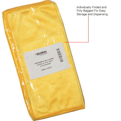 Global Industrial&#153; 266 GSM Microfiber Glass Cleaning Cloths, 16" x 16", Gold, 12 Cloths/Pack