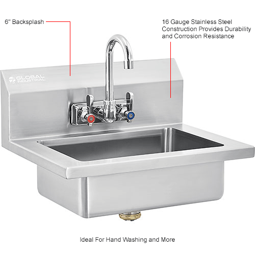 Global Stainless Steel Wall Mount Hand Sink W Faucet Strainer 14 X10 X5 Deep 670448 Com - Commercial Wall Hung Stainless Steel Sinks