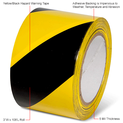 Global Industrial&#153; Striped Hazard Warning Tape, 3"W x 108'L, 5 Mil, Yellow/Black, 1 Roll