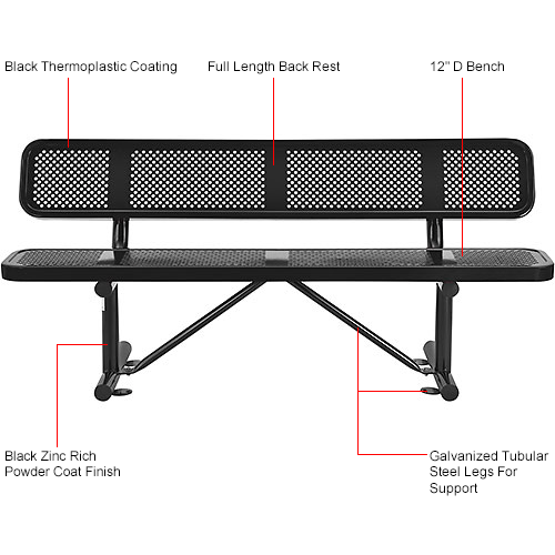 6 ft. Outdoor Steel Picnic Bench with Backrest - Perforated Metal - Black