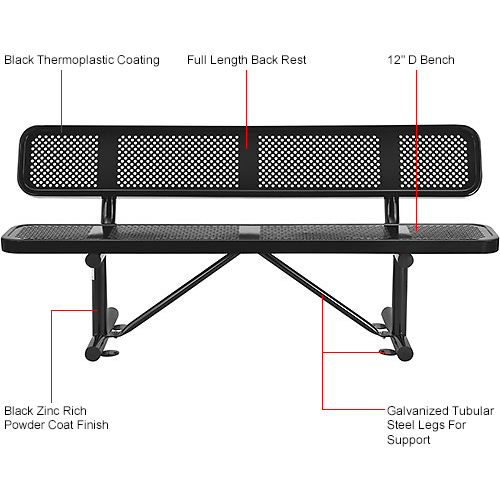 Global Industrial™ 6' Outdoor Steel Picnic Bench w/ Backrest