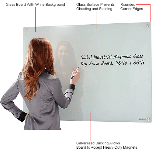 Global Industrial Magnetic Glass Dry Erase Board, 48 W x 36 H
																			