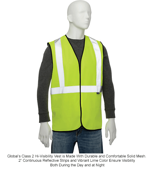 Global Industrial Class 2 Hi-Vis Safety Vest, 2 in. Silver Strips, Polyester Solid, Lime
																			