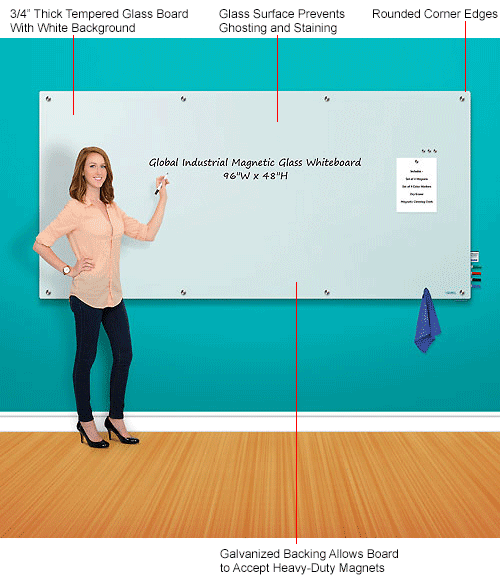 Global Industrial™ WallMounted Glass Whiteboard, 96"W x 48"H