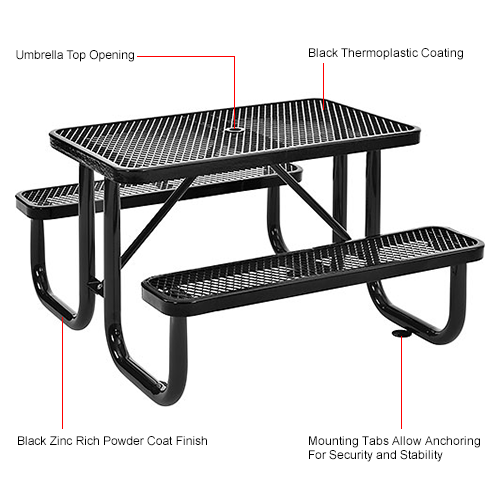4 ft. Rectangular Outdoor Steel Picnic Table - Expanded Metal - Black
