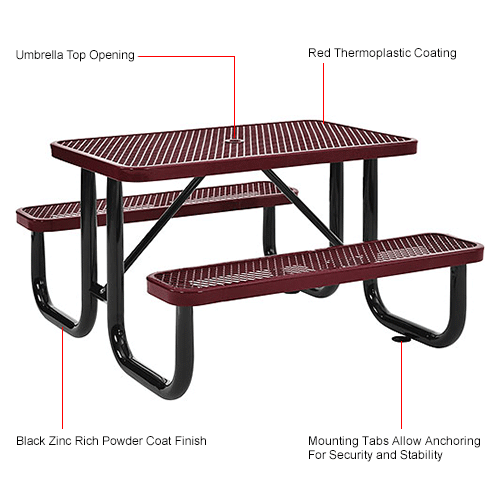 4 ft. Rectangular Outdoor Steel Picnic Table - Expanded Metal - Red