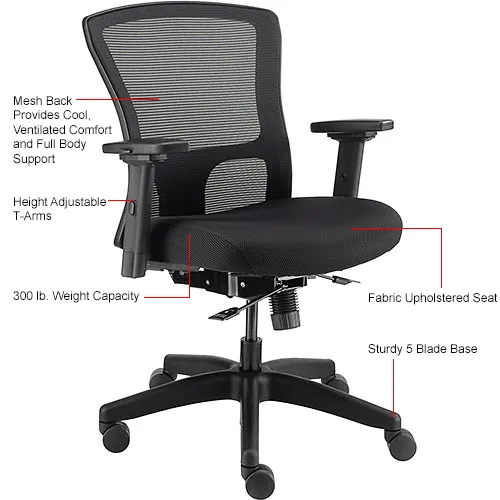 Interion® 24 Hour Mesh Back Chair w/ Mid Back & Adjustable Arms, Fabric,  Black
