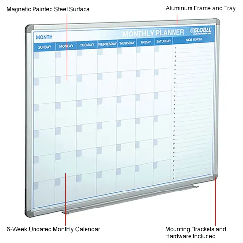 Global Industrial™ Monthly Calendar Whiteboard, Steel Surface, 48"W x 36"H