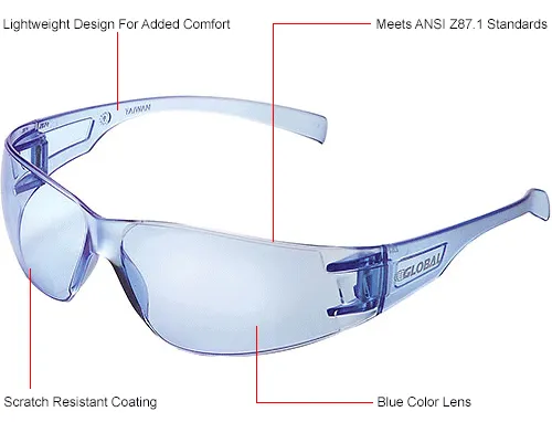 Global Industrial Frameless Safety Glasses, Scratch Resistant, Blue Lens - Pkg Qty 12