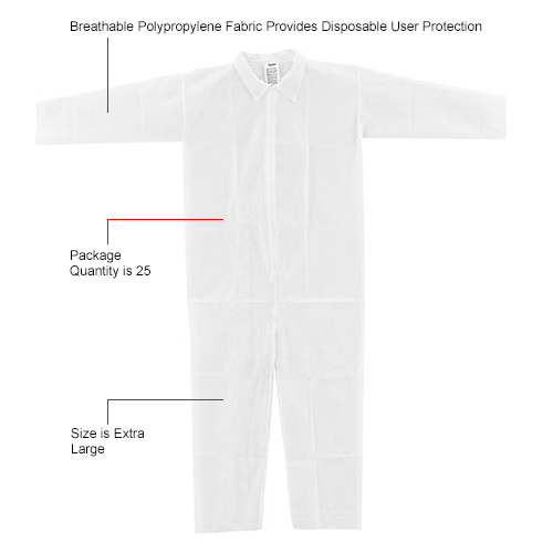 Disposable Polypropylene Coverall, Open Wrists/Ankles, White, X-Large, 25/Case