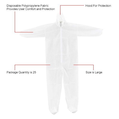 Disposable Polypropylene Coverall, Elastic Wrists/Ankles, Hood & Boots, White, Large, 25/Case