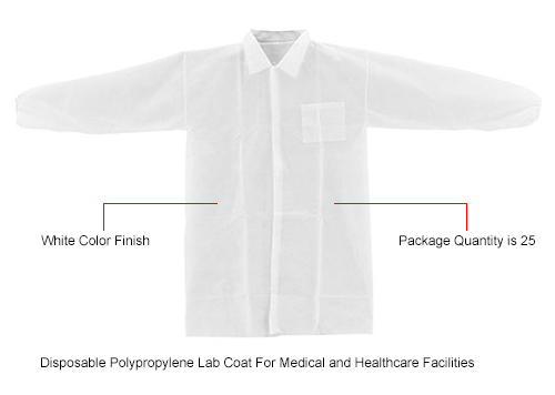 Polypropylene Lab Coat, 1 Pocket, Elastic Wrists, Collar, Snap Closure, Large, 25/Case