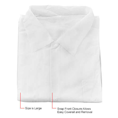 Polypropylene Lab Coat, 1 Pocket, Elastic Wrists, Collar, Snap Closure, Large, 25/Case