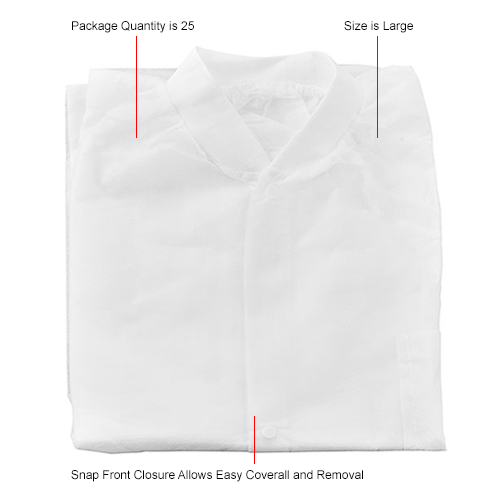 Polypropylene Lab Coat, 1 Pocket, Knit Wrist & Collar, Snap Closure, Large, 25/Case