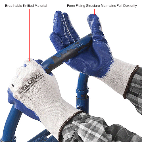 Global™ Latex Coated String Knit Gloves, Natural/Blue, Large, 1-Dozen