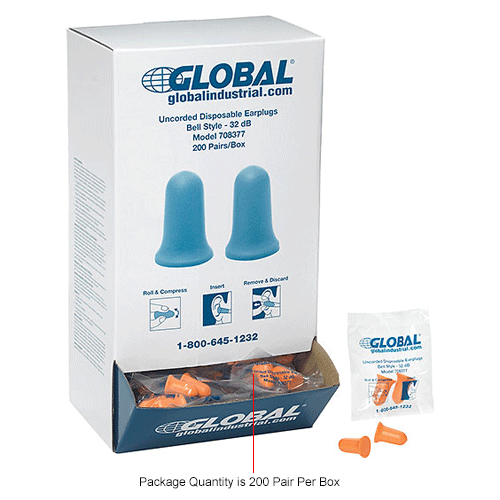 Global&#8482; Bell Earplugs, Uncorded, Contour, NRR 32 dB, 200 Pairs/Box