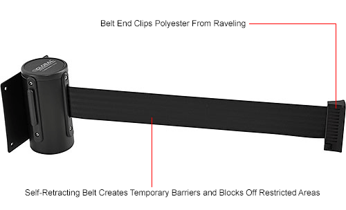 Wall Mount Retractable Belt Barrier, Black Mount, Black Belt, 7-1/2' L 