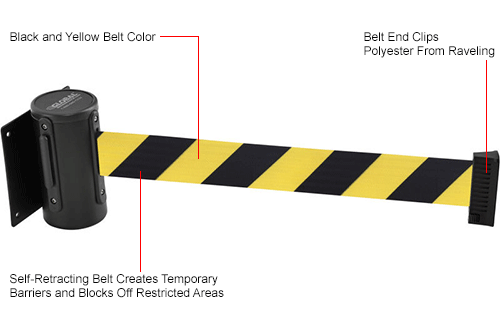 Global Industrial&#153; Wall Mount Retractable Belt Barrier, Black Mount, 7-1/2' L Black/Yellow Belt